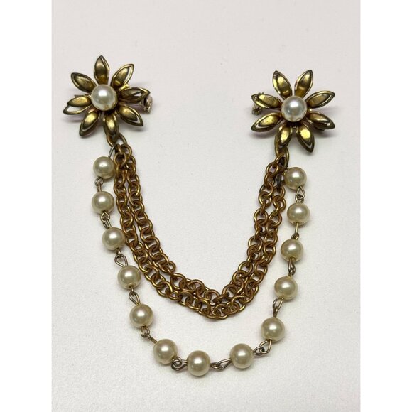Vintage pearl double chain flower chatelaine brooch pin - Picture 3 of 4